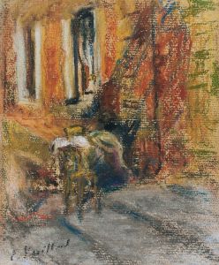 Deux figures assises sur les marches d’une maison