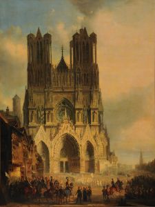 La façade de la Cathédrale de Reims avec une procession médiévale et un cortège au premier plan
