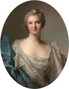 Portrait d’une dame de qualité à la robe blanche et au drapé bleu