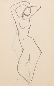 Esquisse de femme nue debout de face, bras au-dessus de la tête