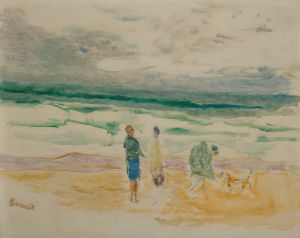 La plage. Trois personnages et un chien