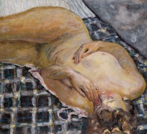 Reclining Nude against a White and Blue Plaid