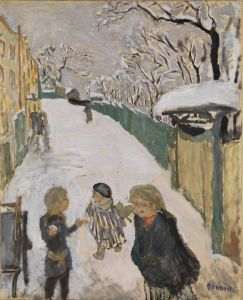 Straße im Schnee mit spielenden Kindern