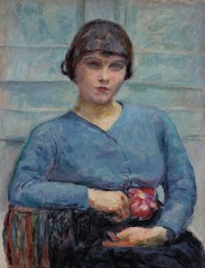 Jeune fille en bleu, à la rose