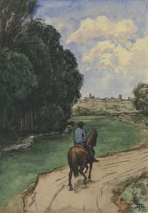 Am Waldesrand. Reiter auf einem Wege, bildeinwärts