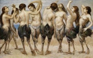 Eight dancing women in bird bodies