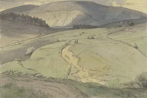 Schwarzwaldlandschaft, Blick über hügelige Wiesen auf höhere Berge