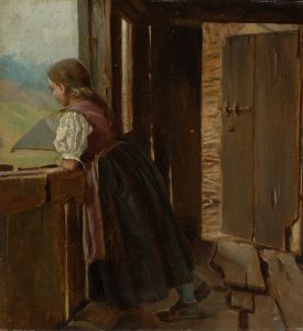 Mädchen auf der Laube eines Bauernhauses