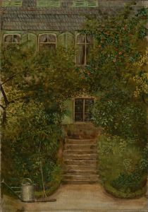 Garten eines Landhauses mit Giesskanne und Rechen