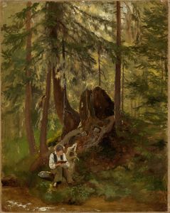 Waldinneres mit lesendem Knaben