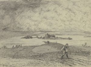Landschaft mit Sämann, im Hintergrund ein See mit Insel