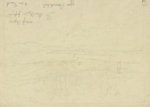 Landschaft, im Vordergrund Figuren, im Hintergrund ein See mit Insel
