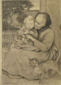 Sitzende alte Frau mit Kind