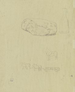 Studienblatt; Brot, Flasche und eine bespannte Pferdekutsche