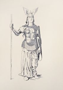 Brunnhilde. Weisses Gewand, silberne Rustung, Helm und Waffen