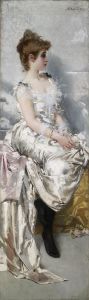Ritratto di giovane donna in abito binaco con fiori
