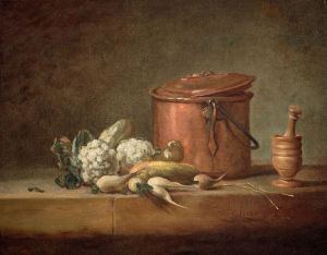 Marmite de cuivre, choux-fleurs et égrugeoir avec son pilon sur un entablement