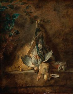 A Still Life; Two Rabbits, a Grey Partridge, Game Bag and a Powder Flask