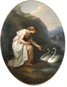 Immortalia, the nymph of immortality, receiving nameplates from two swans