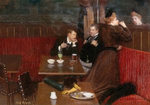 Trois personnages dans un café