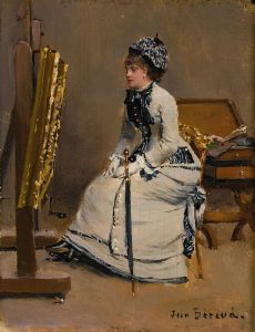 Femme Assise Devant Un Tableau