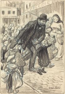 A Man on a City Street, Surrounded by Children