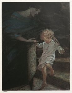 She took his hand, and giving him the broad part of the spiral stair to walk on, led him down a good way