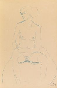 Seated nude girl, from the front, with tackled legs