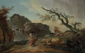 La Cascade; A Rocky Hillside With A Peasant Woman And Child Near A Waterfall And Boys Resting By A Blasted Tree