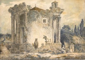 The Temple Of The Sibyl At Tivoli, A Man In A Cloak And Hat Standing On The Steps, A Group Of Monks To The Right