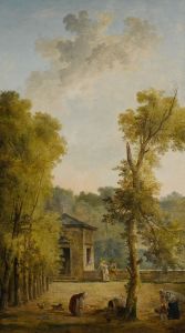 View of a walled garden courtyard, with a woman feeding chickens and other figures in the foreground