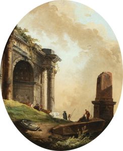 Drovers and their livestock before a ruined arch and obelisk