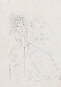 Two Seated Women with Male Figure between Them