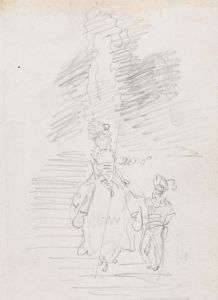 Woman and Smaller Male Figure on Grand Stairway