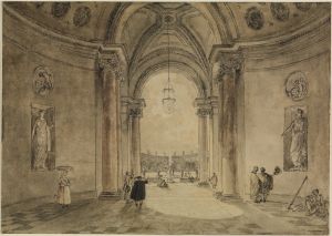 Blick durch das Atrium des Casinos in das Gartenparterre der Villa Albani