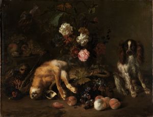 Still life with hunted game, flowers, fruit and a spaniel