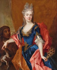 Portrait of a lady, holding a peacock feather fan with her servant, holding a dog