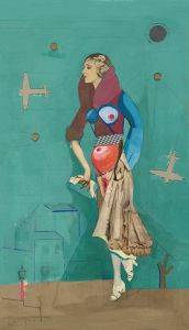 Frau, zwei Flugzeuge, Bomben