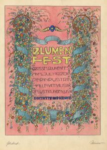 Entwürfe Plakat ‘Blumen fest Grosses Blumenfst Am 1. Juli 1920 in Der Industrie halle mit Musik belustigungen, usw. Eintritt eine Krone’