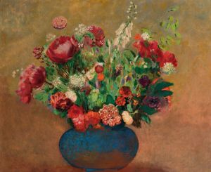 Pavots Et Oeillets De Poète Dans Un Vase Bleu