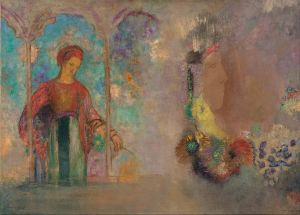Woman in a gothic arcade; woman with flowers