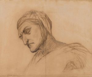 Dante, buste d’homme drapé, tête couverte de trois-quart à gauche