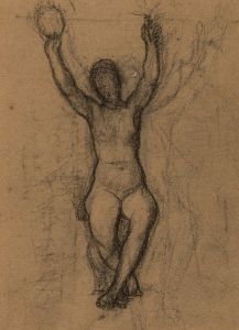 Femme nue assise de face, les deux bras levés