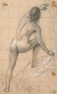 Figure nue de dos, bras gauche tendu vers le haut