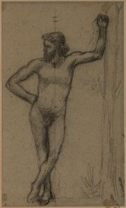 Homme debout de face, appuyé à un arbre