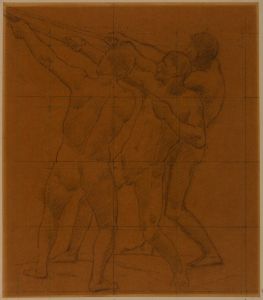 Trois hommes nus debout, tirant sur des cordes