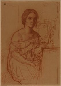Une femme assise, peignant un vase
