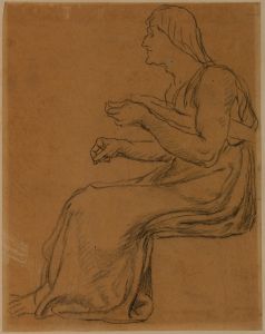 Vieille femme assise, de profil à gauche