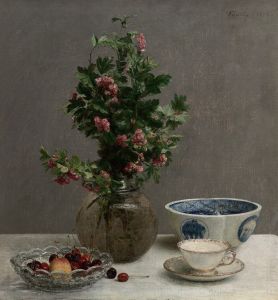 Still Life with Vase of Hawthorn, Bowl of Cherries, Japanese Bowl, and Cup and Saucer