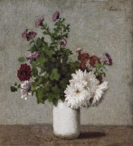 Flower Still Life, Autumn Chrysanthemums In A White Vase
